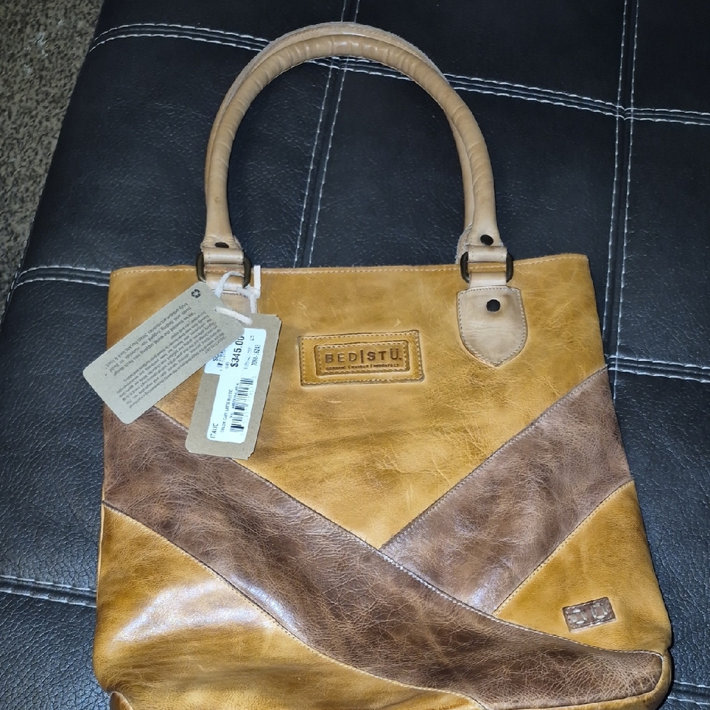 BED|STU Tan and Brown Leather Tote with Geometric Design